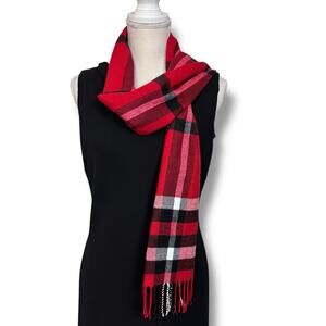 100% Cashmere Scarf in Red Black and White Plaid with Fringe